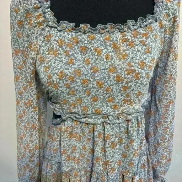 Ditsy Floral Long Sleeve Cut Outs Blue Orange Dress Ruffles Size Small - Picture 3 of 11